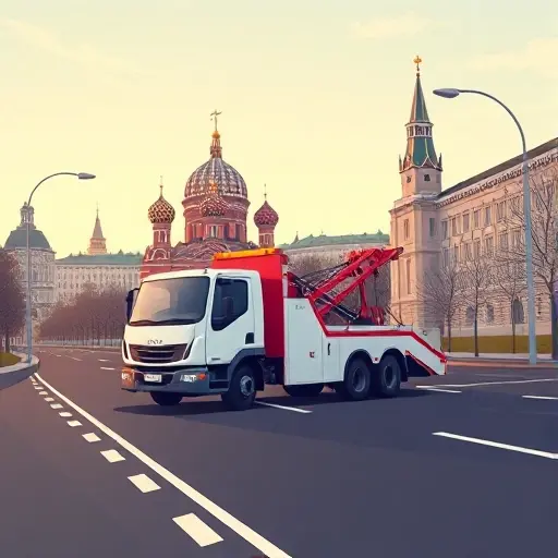 A realistic illustration of a tow truck (evakuator) driving along a Moscow street, with the Kremlin dome visible in the background, city buildings and trees, the road stretching ahead, conveying the concept of distance and service without any text or numbers.