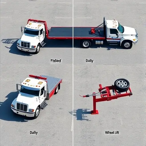depict various types of tow trucks in a side-by-side comparison, showing a flatbed, a hook-and-chain, a dolly, and a wheel-lift, all rendered realistically against a neutral parking lot background