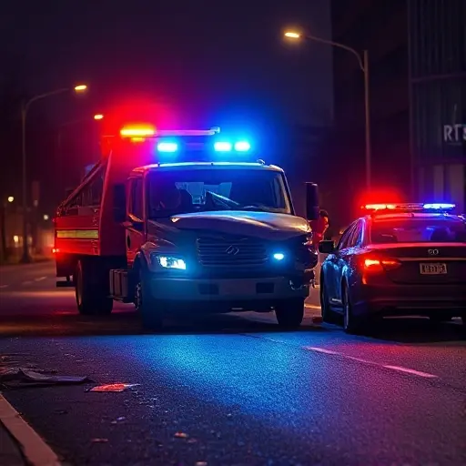 A realistic scene of a tow truck (evakuator) at night on a city street, illuminated by flashing blue and red emergency lights, assisting a damaged car after an accident. The road shows scattered debris, a broken windshield, and a small police car nearby with lights off. The background includes dimly lit buildings and street lamps, creating a somber yet professional atmosphere. No text, logos, or signage are visible in the image.