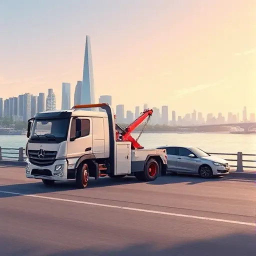 A realistic, high-resolution illustration of a modern tow truck parked on Berezhkovskaya Embankment, with a sleek city skyline in the background and a small car being towed by the truck. The scene should capture the waterfront atmosphere, with subtle reflections on the water and a clear, sunny sky. No text, letters, or numbers should appear in the image.