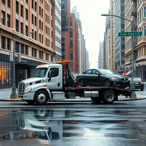 A realistic depiction of a tow truck parked on a bustling city street, with a car being towed by a winch. The scene shows a typical urban environment with buildings, streetlights, and a traffic sign indicating the street name, but without any visible text or lettering. The tow truck should be in a neutral color, with visible towing equipment, and the towed vehicle should be partially lifted. The background includes a cityscape with subtle reflections on wet pavement, creating a dynamic yet calm atmosphere.