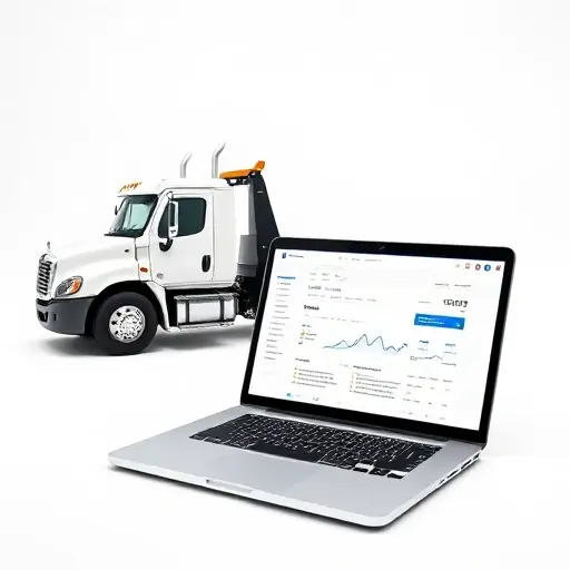 A modern tow truck parked beside a sleek laptop displaying a website dashboard with analytics graphs and search engine result icons, all in a clean, professional setting, no text or numbers visible, focusing on digital marketing and visibility themes