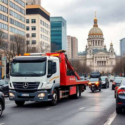 A modern tow truck operating on a busy Moscow street, with recognizable Moscow architecture such as high-rise buildings and a hint of the Kremlin dome in the background, assisting a stalled car amidst traffic to illustrate the importance of tow services in a megacity.
