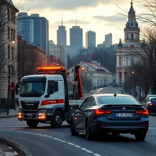 Эвакуатор Москва Кузьминки: Недорого и Надежно A reliable and affordable tow truck (evacuator) operating in the Kuzminki district of Moscow, with the cityscape of Moscow subtly in the background, showing the tow truck helping a car on a quiet street, realistic lighting, no text or signage