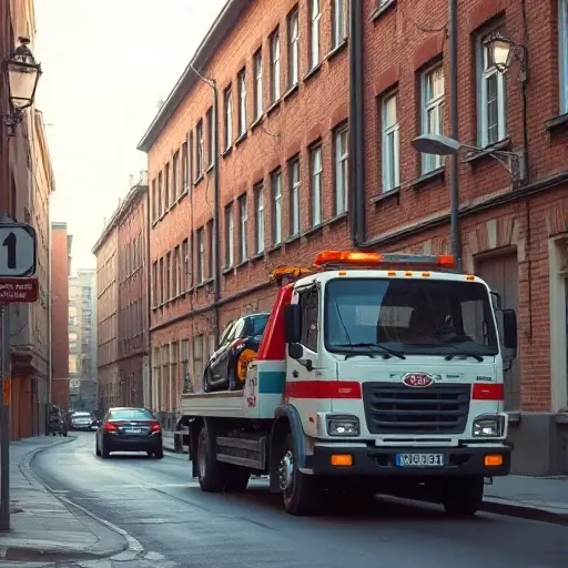 A realistic tow truck parked on a narrow city street in a Russian urban setting, with a small car being towed, surrounded by brick buildings, street lamps, and a subtle hint of a numbered passage sign without any visible text, all rendered in high detail and clarity