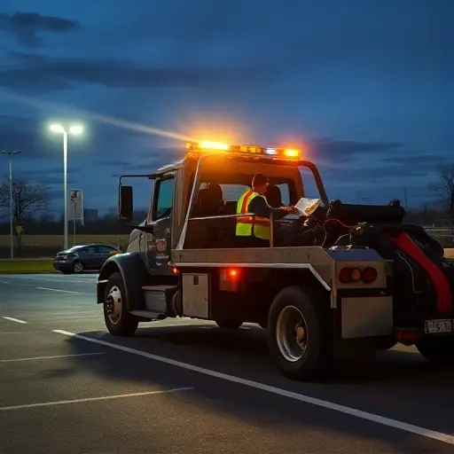 эвакуатор найти машину A realistic scene of a tow truck in a parking lot at dusk, with a bright search light scanning the area, the driver in a reflective vest looking at a map, a small car visible in the background, the tow truck's winch and cables ready, no text or signage in the frame