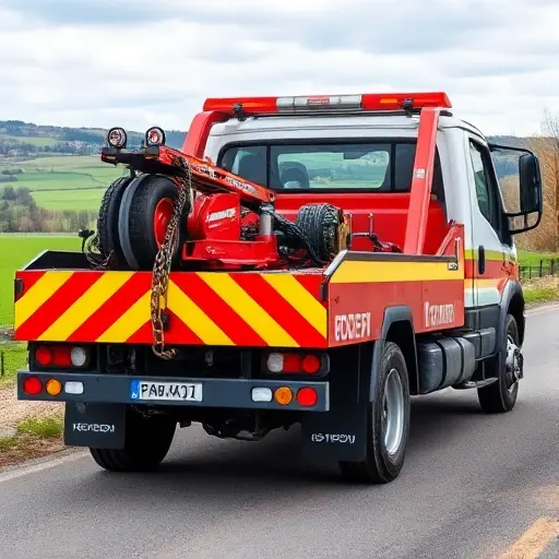 A tow truck parked on a road in the Nizhny Novgorod region, equipped with visible towing gear such as a hydraulic jack, chains, and a license plate, set against a backdrop of Russian countryside or cityscape, showing the vehicle in a professional, ready-to-use state