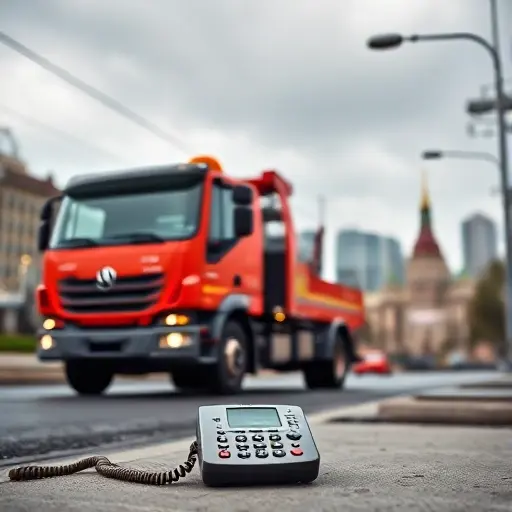 A realistic tow truck parked on a street in the northern part of Moscow, with the city skyline visible in the background. A telephone handset lies on the ground beside the truck, and a subtle map overlay indicates the northern district. The scene is detailed and focuses on the tow truck and phone, with no textual elements.