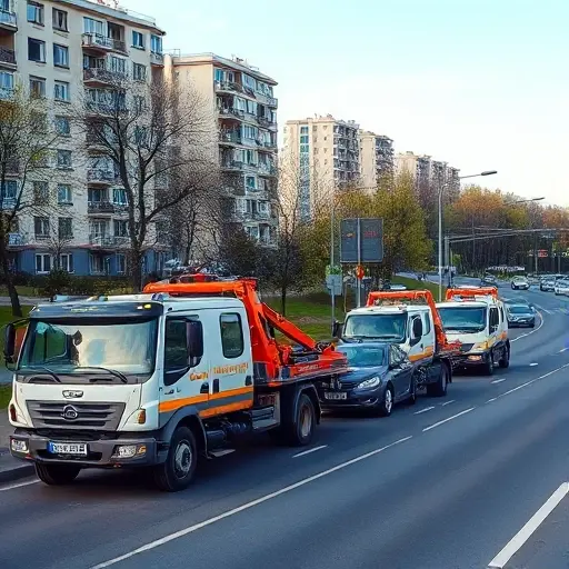 A realistic city street scene in the Kuntsevo district of Moscow, featuring several modern tow trucks and recovery vehicles parked beside a busy road, with a backdrop of typical Moscow apartment buildings and trees, showing the vehicles in action helping a stranded car, under a clear sky, without any visible text, letters, or numbers