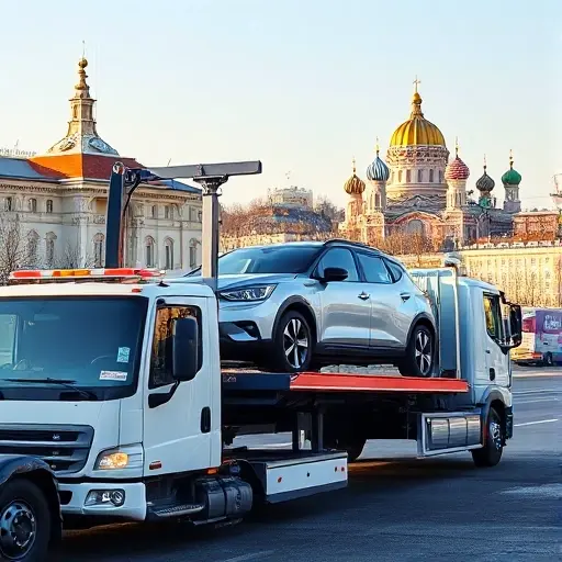 A modern tow truck pulling a car onto its platform, set against a recognizable Moscow city backdrop with classic architecture and the Kremlin silhouette in the distance, under a clear sky, realistic lighting, no text or signage