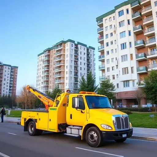 A bright yellow tow truck parked on a street in Bibirevo, Moscow, with modern apartment buildings and a small park in the background. A few pedestrians are standing nearby, and the sky is clear.