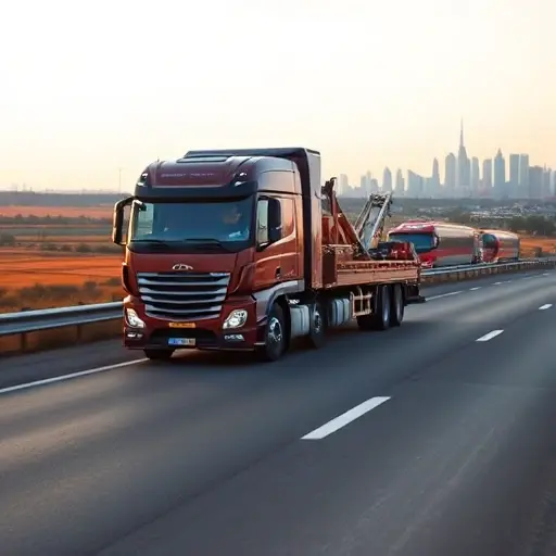 A realistic tow truck on a highway, with a subtle background showing a transition from the warm, Mediterranean landscape of Simferopol to the cooler, urban skyline of Moscow in the distance, emphasizing the long journey and professional service, without any text or signage