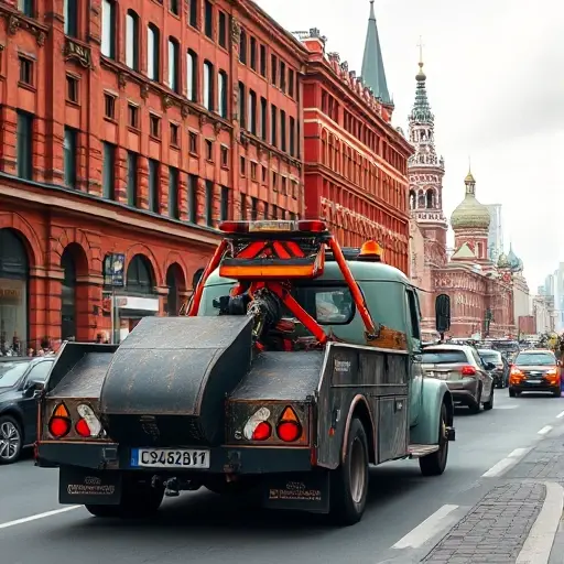 A realistic scene of a tow truck parked on a busy Moscow street, with recognizable Russian architecture such as red brick buildings and a hint of the Moscow skyline in the background. The tow truck is prominently featured, showing its hook and lights, while the street has typical city traffic and pedestrians, but no visible text or signage.