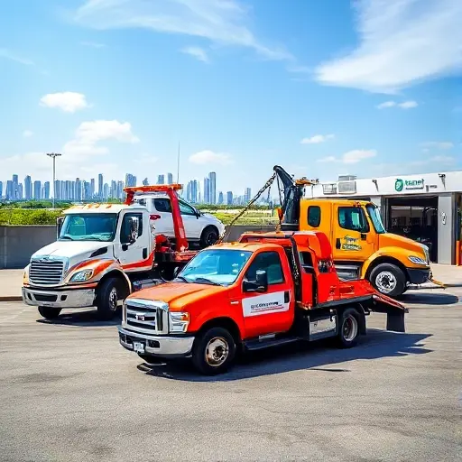 A dynamic composition featuring a variety of tow trucks in a modern service yard: a heavy-duty flatbed truck, a compact hook-and-chain truck, and a wheel-lift truck, each positioned to showcase their distinct towing mechanisms. The flatbed is loaded with a car on its bed, the hook-and-chain truck has a chain looped around a stalled vehicle, and the wheel-lift truck is lifting a car's front wheels. The background includes a clear sky, a city skyline, and subtle signage indicating a service center. The scene conveys the versatility and capability of different tow truck types.