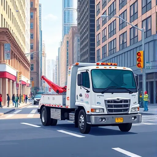 A realistic, high-resolution illustration of a modern tow truck parked on a busy city street, with surrounding buildings, traffic lights, and pedestrians. The street should have a subtle sense of depth and urban atmosphere, but no visible text, numbers, or signage on the truck or street.