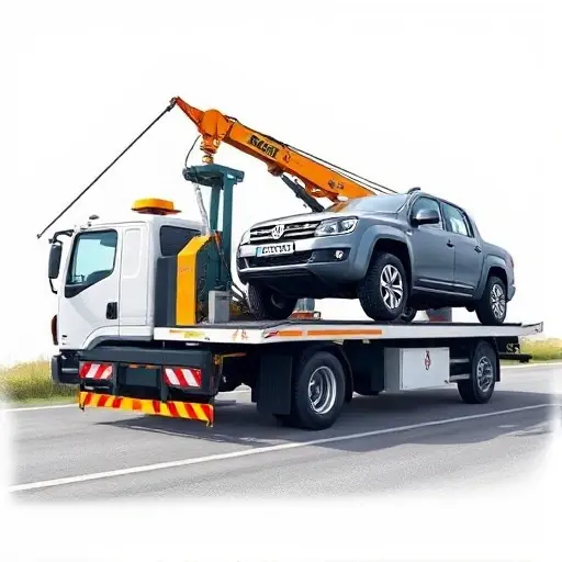A realistic illustration of a Gazelle Next tow truck equipped with a winch, a manipulator arm, and a partially loaded vehicle being towed. The scene shows the tow truck on a road, the winch cable extended, the manipulator arm positioned to lift a vehicle, and the partially loaded vehicle partially on the tow truck’s platform. Emphasize the mechanical details of the winch and manipulator, with a clear view of the tow truck’s chassis and the partially loaded vehicle.