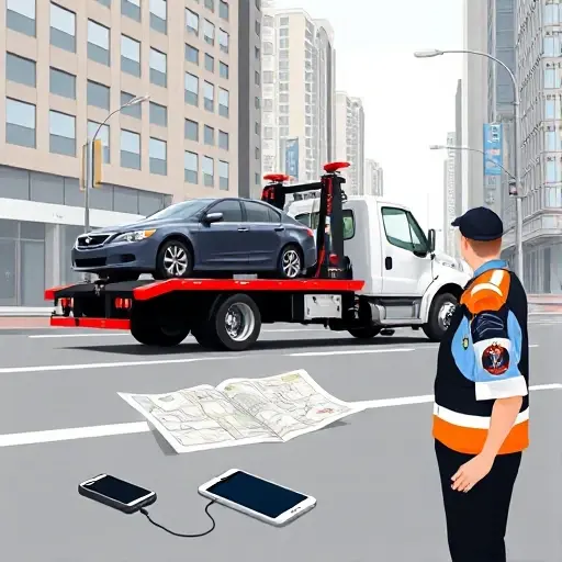A realistic scene of a tow truck on a city street, with a car being towed, a phone on the ground, a map spread out, and a tow truck driver in uniform, all depicted without any text, letters, or digits