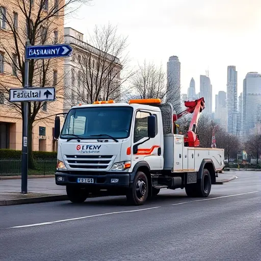 A friendly tow truck parked on a typical Basmanny district street in Moscow, with a subtle city skyline in the background, showcasing a low-cost service vibe. The scene should include a clear view of the truck, a nearby street sign indicating the Basmanny area, and a calm urban environment. No text or lettering should be present.