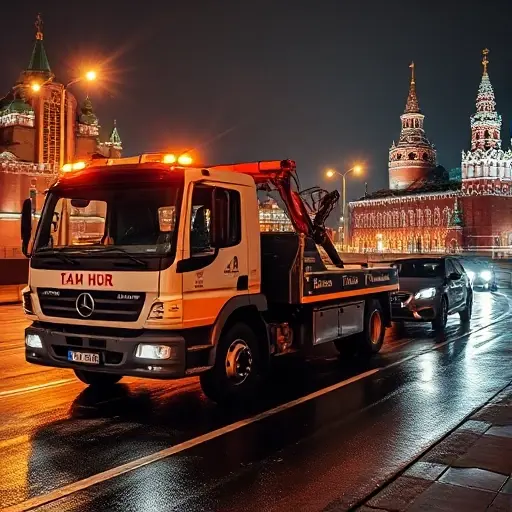 эвакуатор круглосуточно московский A 24-hour tow truck parked on a Moscow street at night, with its headlights and tow hook extended, pulling a car. The background shows iconic Moscow landmarks like the Kremlin or Red Square illuminated, with city lights reflecting on wet pavement. The scene conveys a sense of urgency and reliability.