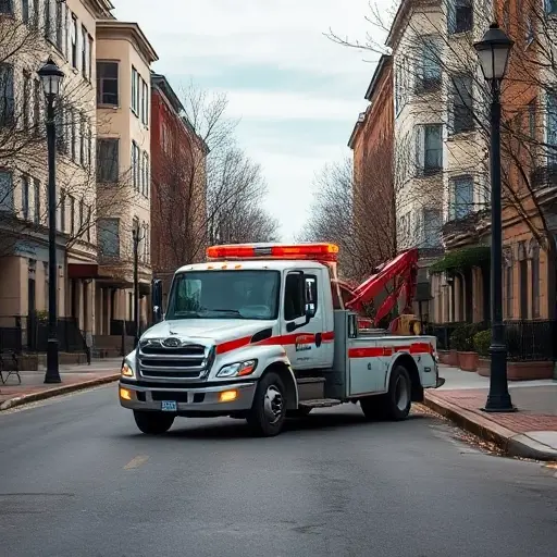 A realistic tow truck (evacuator) parked on a quiet urban street named 1st Obydensky Lane, with surrounding residential buildings, street lamps, and a paved road. The scene should convey a helpful, professional atmosphere, focusing on the vehicle and the street environment without any visible text or signage.