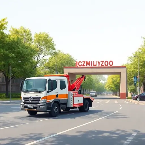 A realistic illustration of a tow truck positioned on the first street in front of the Izmailovsky Zoo, with the zoo entrance visible, trees and a city street background, bright daylight, no signage or text