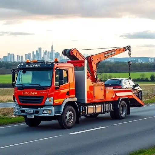 A powerful tow truck equipped with a hydraulic manipulator, positioned on a road that blends the Moscow city skyline with the Cheboksary countryside in the background, lifting a stalled vehicle with the crane arm. The scene emphasizes the tow truck’s robust design and the manipulator’s capability for complex situations, with no text or lettering visible.