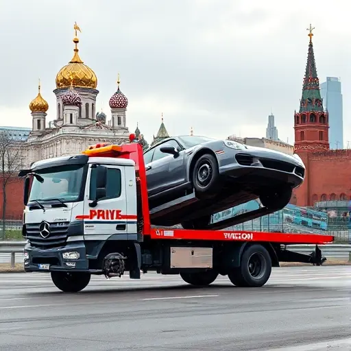 эвакуатор москва цена реальная A realistic scene of a tow truck operating in Moscow, with recognizable city landmarks such as the Kremlin or Moscow skyline in the background, the truck is lifting a car to illustrate a towing service, focusing on the concept of real pricing without any visible numbers or text