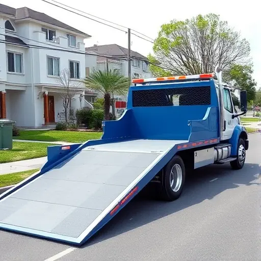 A modern heavy-duty flatbed tow truck with a full loading ramp, parked on a quiet street with residential buildings in the background. The truck is metallic blue and white, the ramp is lowered to the ground, and the scene is captured in daylight with high detail.