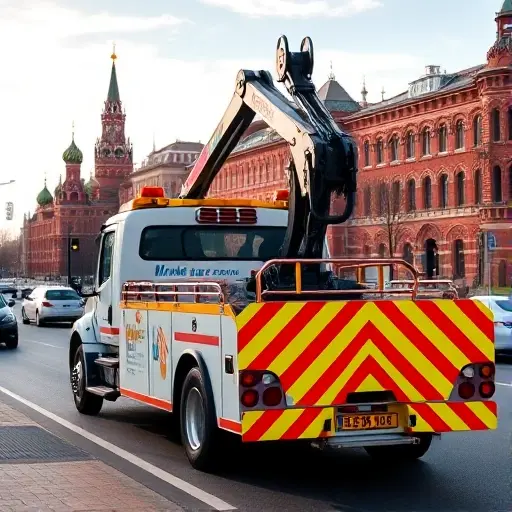 эвакуатор манипулятор заказать в москве A modern tow truck equipped with a hydraulic manipulator arm parked on a busy Moscow street, with recognizable city architecture such as the Kremlin towers and red brick buildings in the background, under a clear sky. The scene should convey the service of ordering a manipulator tow truck in Moscow, focusing on the vehicle and urban environment without any text, logos, or people.