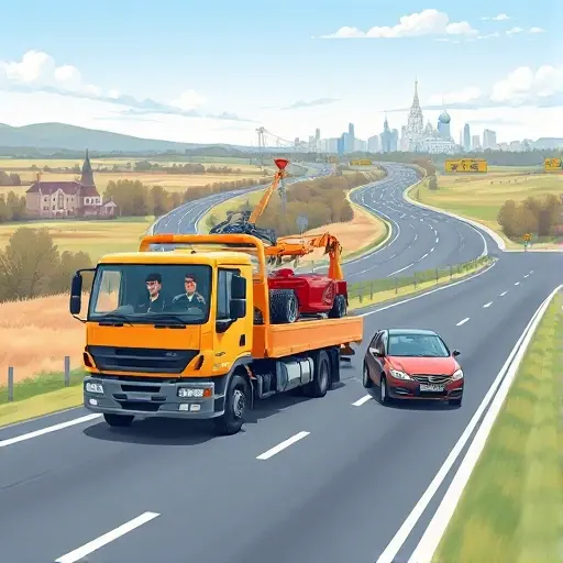 A realistic illustration of a tow truck (evacuator) operating on a highway in the Moscow region, with a backdrop of typical Russian countryside and a distant view of the Moscow skyline. The scene shows the tow truck pulling a small car, a professional driver in a uniform, and subtle hints of road signs, all rendered in a clean, detailed style.