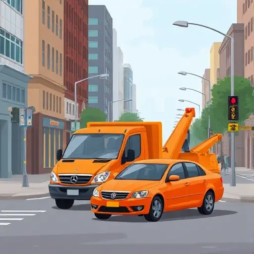 Вызов эвакуатора на 2-ю улицу Бебеля: Полное руководство A realistic smallHQ illustration of a busy urban street scene on the second Bebelia Street, featuring a bright orange tow truck parked beside a broken-down car. The tow truck driver is holding a phone to his ear, indicating a call for assistance. The street is lined with typical city buildings, streetlights, and a subtle traffic sign, but no visible text, letters, or numbers. The atmosphere is calm and professional, focusing on the tow service action.