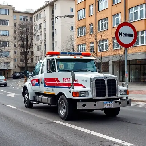 Эвакуатор на 3-й Автозаводский проезд: Полное руководство A tow truck parked on 3rd Avtozavodsky Lane, with a clear view of the street, surrounding buildings, and a traffic sign indicating the lane name, in a realistic style, no text or numbers visible