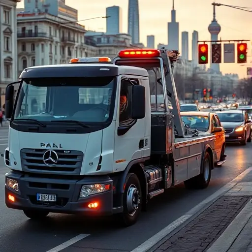A modern tow truck parked on a busy Moscow street, with a dispatcher wearing a headset and speaking into a phone, city skyline and traffic lights in the background, cars and pedestrians around, evening lighting, no text or lettering visible
