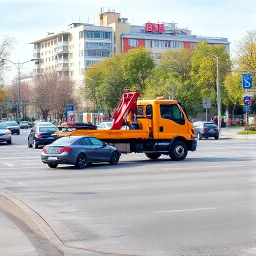 A realistic scene of a tow truck operating on a busy Moscow street in the southwestern district, with city buildings and trees in the background, a minor traffic accident involving a small car and the tow truck assisting, clear sky, no visible text or signage
