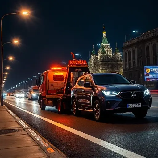 A realistic tow truck pulling a damaged car on a Moscow street at night, illuminated by streetlights, with the city skyline in the background, conveying a 24/7 service vibe, no text or signage visible