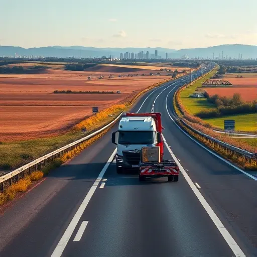 Эвакуатор Москва – Чебоксары: Полное руководство A realistic tow truck driving on a highway that connects Moscow and Cheboksary, with a scenic Russian landscape featuring rolling fields, distant city skylines, and a clear sky, emphasizing the vehicle and the road without any text or signage