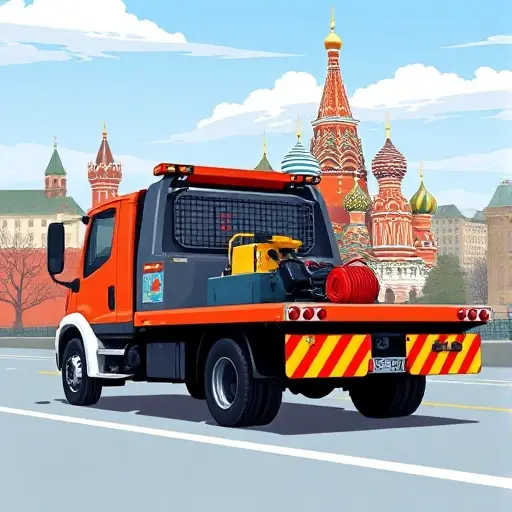 A realistic, vibrant illustration of a modern tow truck with a hydraulic platform and winch, positioned prominently in the foreground, set against a recognizable Moscow cityscape featuring the Kremlin and St. Basil's Cathedral in the background under a clear sky. The focus is on the vehicle and the urban environment, with no text or signage.