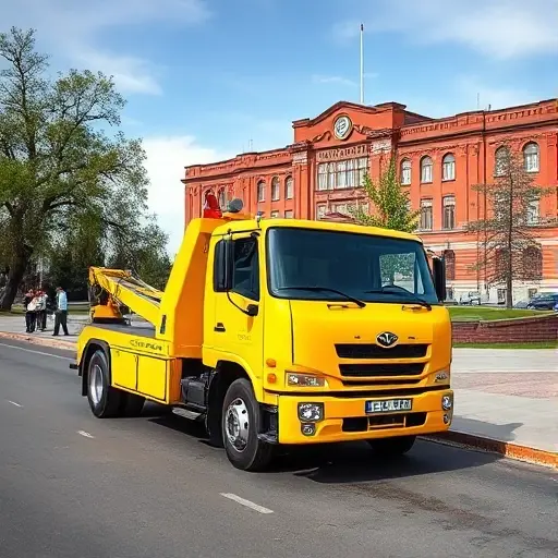 A tow truck parked on a street in Tula, Russia, with a red brick city hall building in the background. The truck is a modern, bright yellow tow truck with a visible towing hook. The scene shows a clear sky, a few pedestrians, and a small park with trees. The image should capture the local atmosphere of Tula, with subtle hints of Russian architecture.