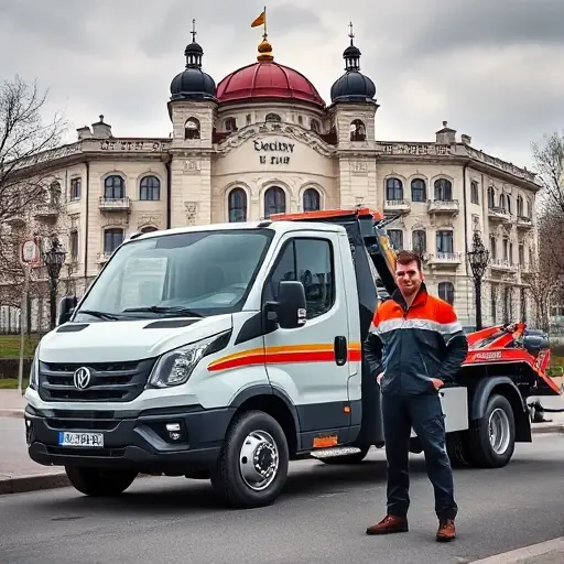 A modern tow truck parked in front of a recognizable Alexandrov city landmark, with a friendly mechanic in uniform, showing professionalism and reliability, no text or lettering in the scene