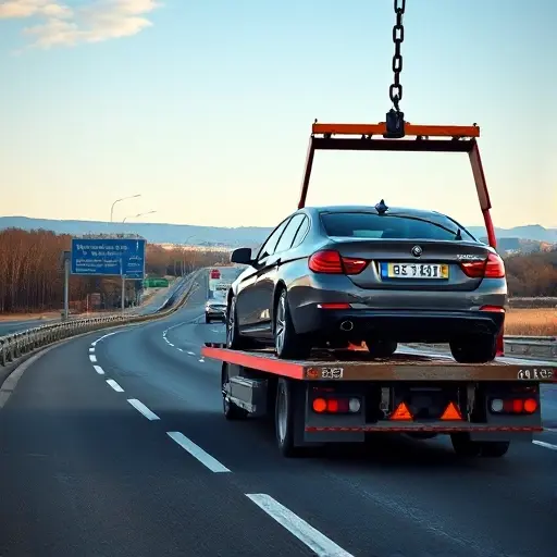 A realistic scene of a tow truck transporting a car on a highway between Moscow and Belgorod, with a scenic Russian landscape, clear sky, and blurred road signs to avoid visible text, showing the truck's hook lifting the vehicle and emphasizing motion and professional service.