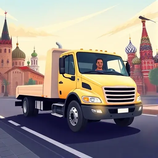 эвакуаторы тверской москва недорого A realistic illustration of a bright, modern tow truck parked on a city street, with subtle hints of Tver and Moscow cityscapes in the background—such as the Tver Kremlin silhouette on one side and the Moscow skyline with the Kremlin and St. Basil's Cathedral on the other. The truck should be in a dynamic pose, with a friendly driver visible through the windshield, and a clear, clean road surface. The scene should convey affordability and reliability, with a calm, professional atmosphere, and no text or lettering in the image.
