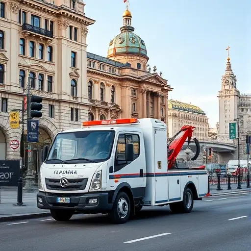 A realistic scene of a tow truck (evacuator) parked on a street in the Yakimanka district of Moscow, with classic Moscow architecture in the background, such as historic buildings and the Moscow River, under a clear daytime sky, focusing on the vehicle and urban environment without any text or signage
