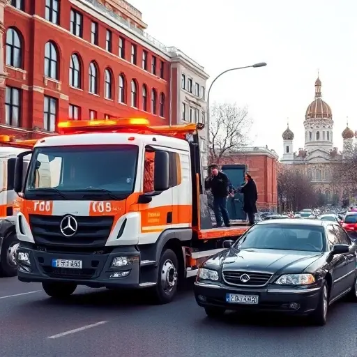Эвакуатор в Москве: быстрая помощь при поломке или ДТП A modern tow truck with flashing lights parked on a busy Moscow street, assisting a broken-down car on the side of the road. The background shows recognizable Moscow architecture such as a red brick building and a glimpse of the Kremlin dome in the distance, under a clear sky. The scene conveys fast, reliable assistance after a vehicle breakdown or accident, with the tow truck driver opening the truck’s trunk, but no faces are shown. The image is realistic, detailed, and vibrant, suitable for a service advertisement.