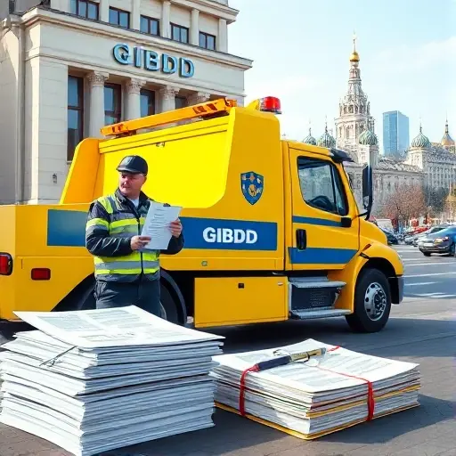 A realistic depiction of a Moscow tow truck parked in front of a GIBDD (traffic police) office building. The tow truck is a modern, bright yellow vehicle with the GIBDD logo on its side. A driver in a reflective vest stands beside the truck holding a clipboard filled with necessary documents. In the foreground, a stack of official paperwork and a GIBDD badge are visible. The background shows the iconic Moscow skyline with the GIBDD building's facade. The scene is daytime, with clear lighting and a subtle hint of traffic in the distance.