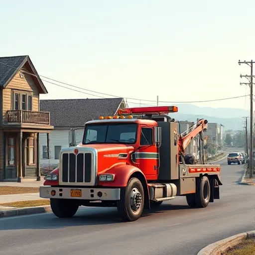 эвакуатор сергиев посад A tow truck parked on a quiet street in Sergei's settlement, with typical small-town buildings and a gentle landscape in the background, no text or signage visible, rendered in a realistic style