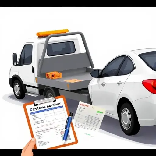 A tow truck pulling a car, with a clipboard and visible documents such as a driver's license, insurance card, and a return form, all in a realistic style, no textual content in the image.