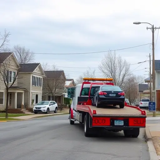 A tow truck parked on a quiet street in a small town, with a car being towed, no text or signage, realistic style