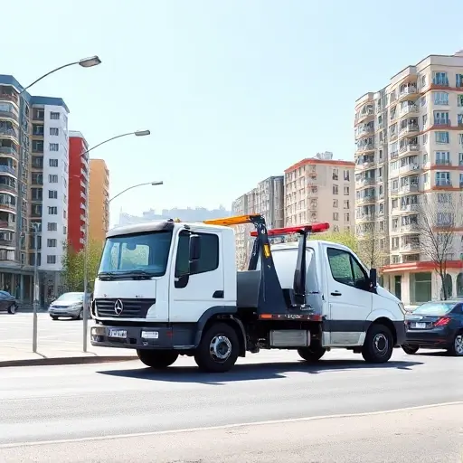 A realistic illustration of a modern tow truck parked on a city street in Moscow's North-West Administrative Okrug (SZAO), with recognizable Moscow architecture in the background such as typical apartment blocks and a hint of the Moscow skyline. The scene conveys an affordable, reliable service, showing the tow truck's open tailgate ready to assist a small car, but without any text, logos, or signage. The lighting is bright daylight, emphasizing a clean and professional atmosphere.