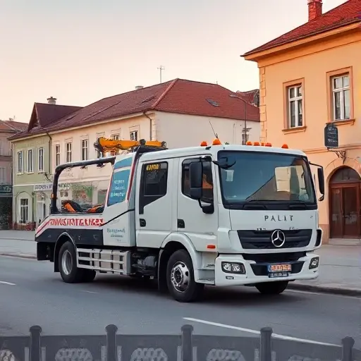 A modern tow truck parked on a street in Sloboda, with a backdrop of local architecture and a clear sky, no text or signage