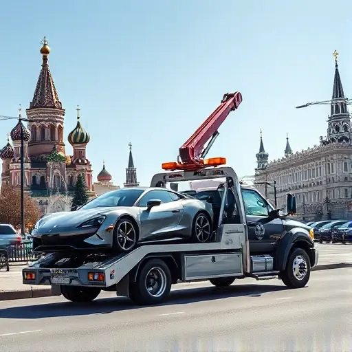 A modern tow truck with a crane arm parked on a Moscow street, background showing recognizable Moscow architecture such as the Kremlin silhouette. The truck is lifting a sleek new sports car on one side and a classic retro car from the 1960s on the other, under bright daylight, realistic composition in smallHQ style.